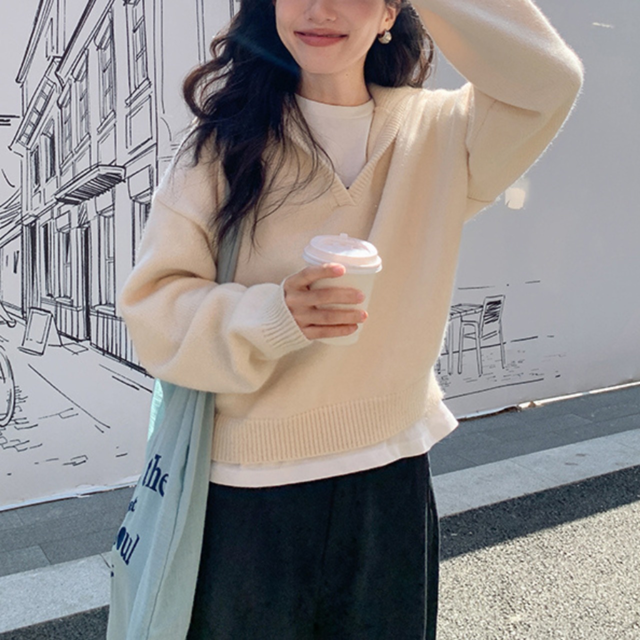 open-collar drop shoulder knit top J00003