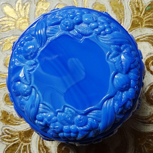 チェコスロバキア ボヘミアガラスのジュエリーポット  / ブルー