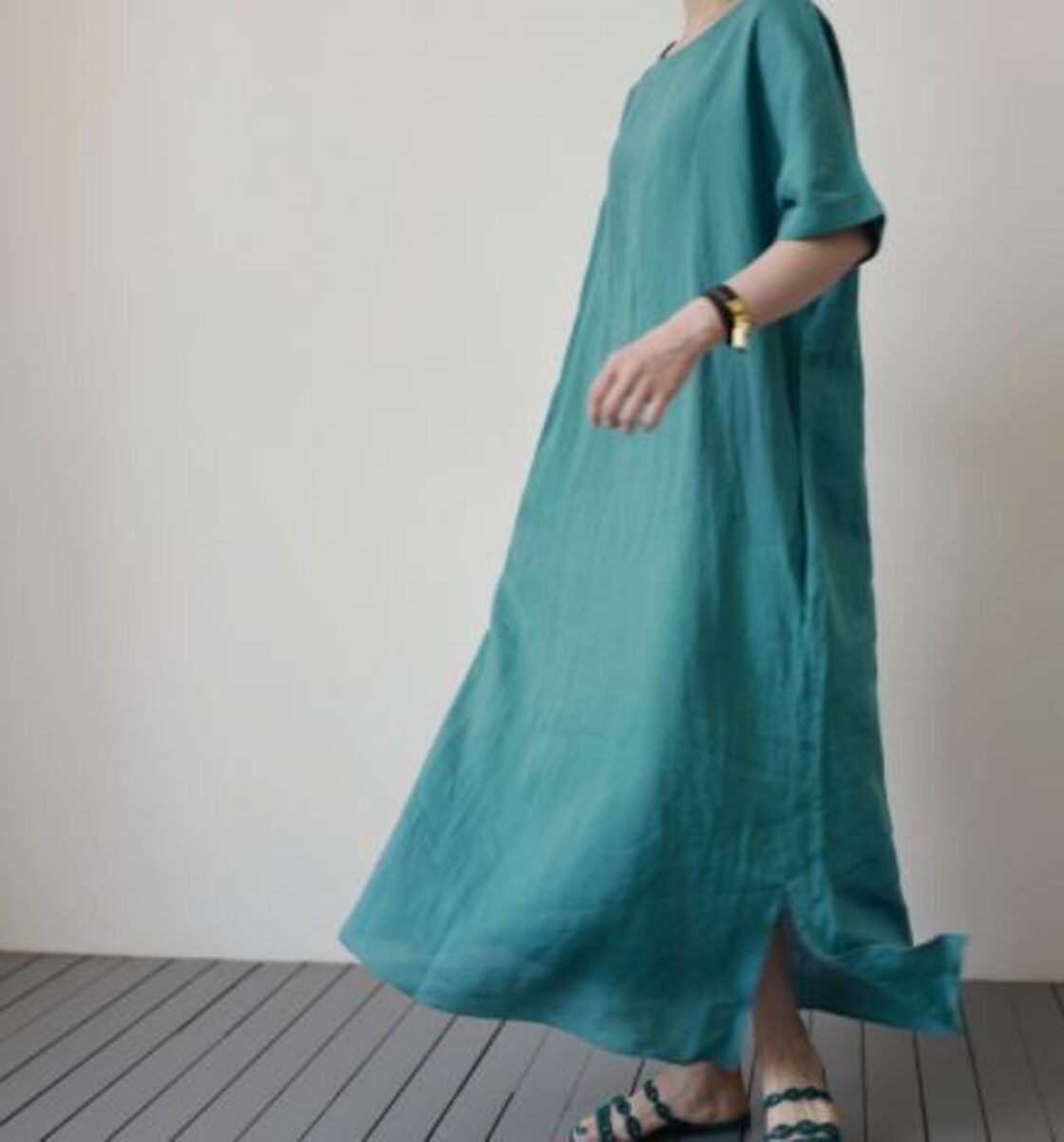 リネンワンピース2色 春夏 半袖 ロング 共布ベルト 2way ゆったり 