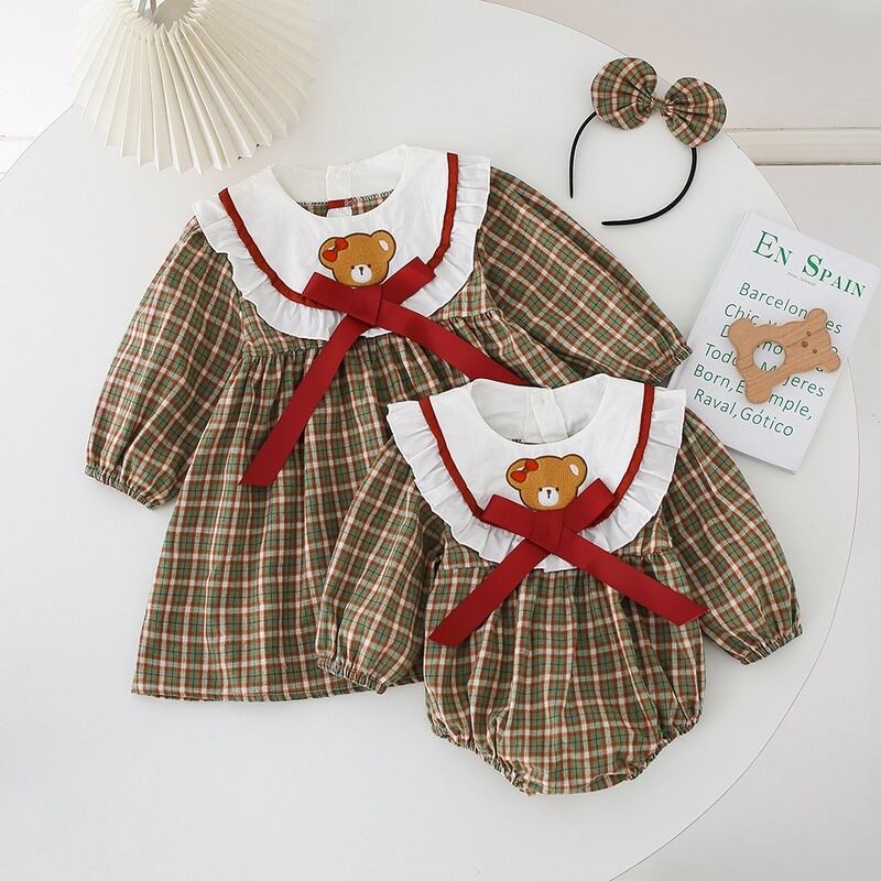 Baby Kid 可愛いベア チェックロンパース ワンピース 姉妹服 Betty