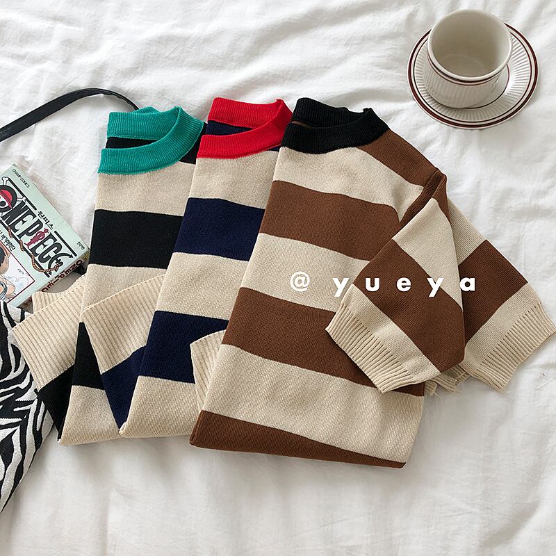 ストライプ半袖スリーブセーター サマースタンダードラウンドネックルーズトップス ショート レトロ ハーフスリーブ 夏物 Oネック クレセントシティ74645769576