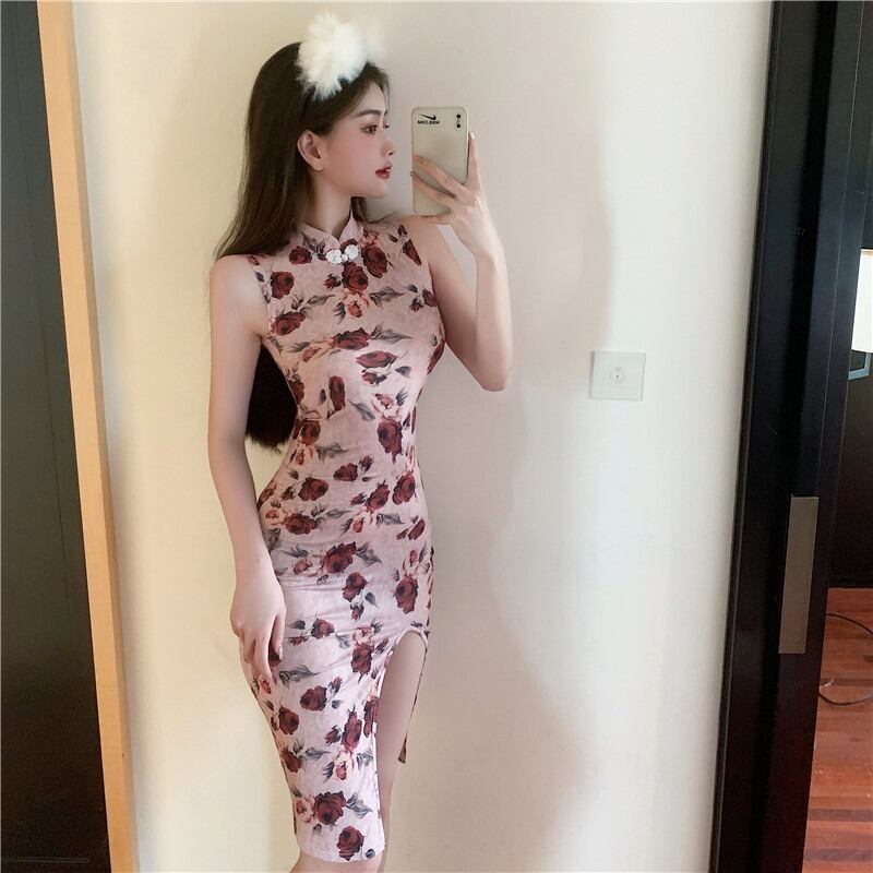 ロングスカート サマースタンダードスリットノースリーブドレス レトロ 夏物 ハンチェンe36869975119