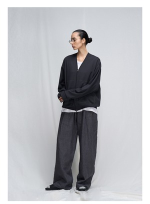 DECESOLO 26SS リネン100 千鳥格子 ドローストリング ワイドストレートパンツ