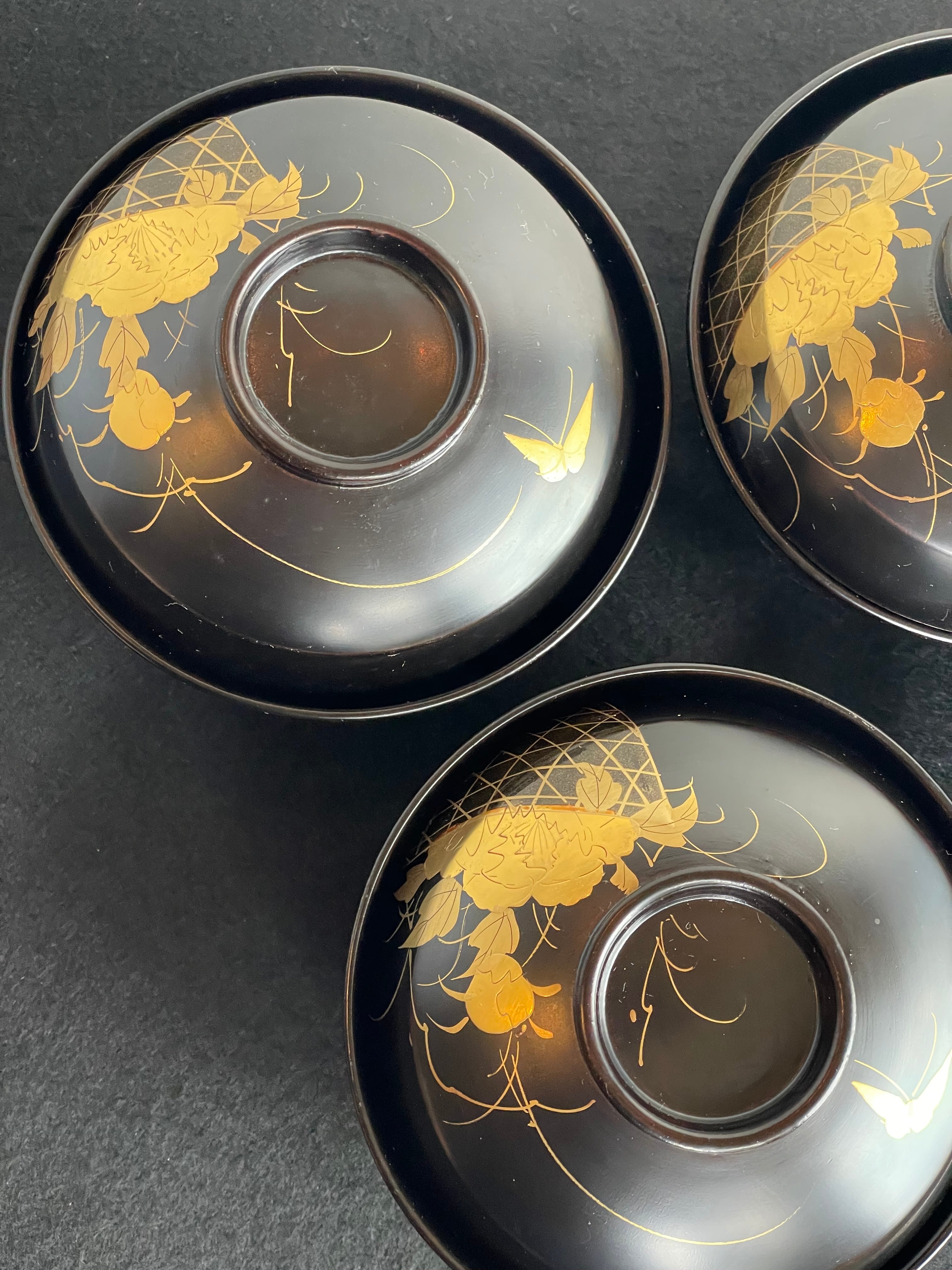 Japan Vintage 吸物椀 雑煮 5客揃 黒 漆 花籠 蝶 金彩 本金みがき 蒔絵