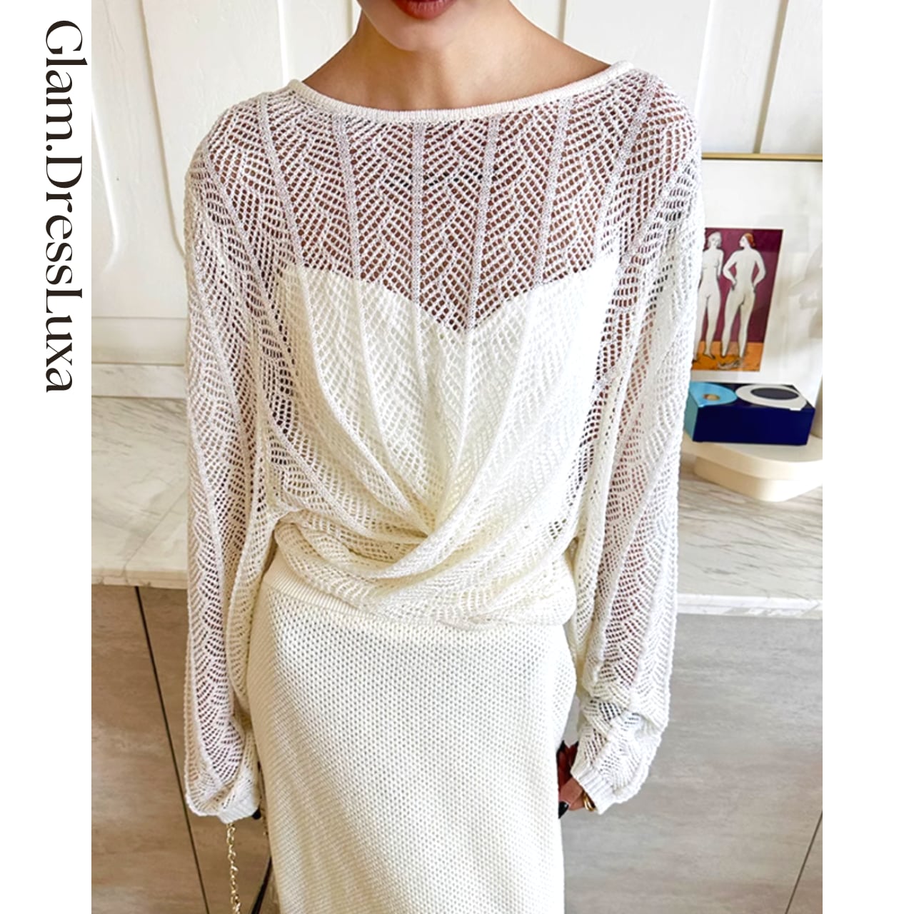 イレギュラーヘム 透かし編みニットT_T608