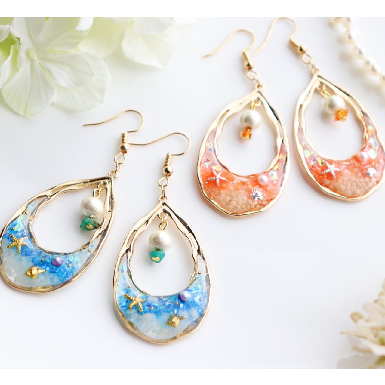 wood×海ピアス＊ 木/レジン/海/夏/ピアス/ゴールド | Makko-WoodWorks