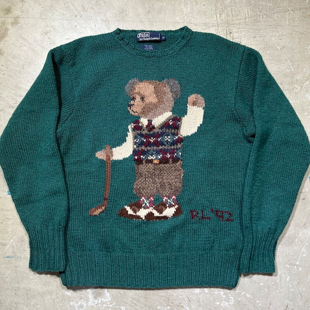 90's Polo by Ralph Lauren RL'92 ポロベア ニットセーター ゴルフ ハンドニット グリーン LO LIFE ラルフローレン コレクターズ Mサイズ 希少 ヴィンテージ BA-2407 RM2826H