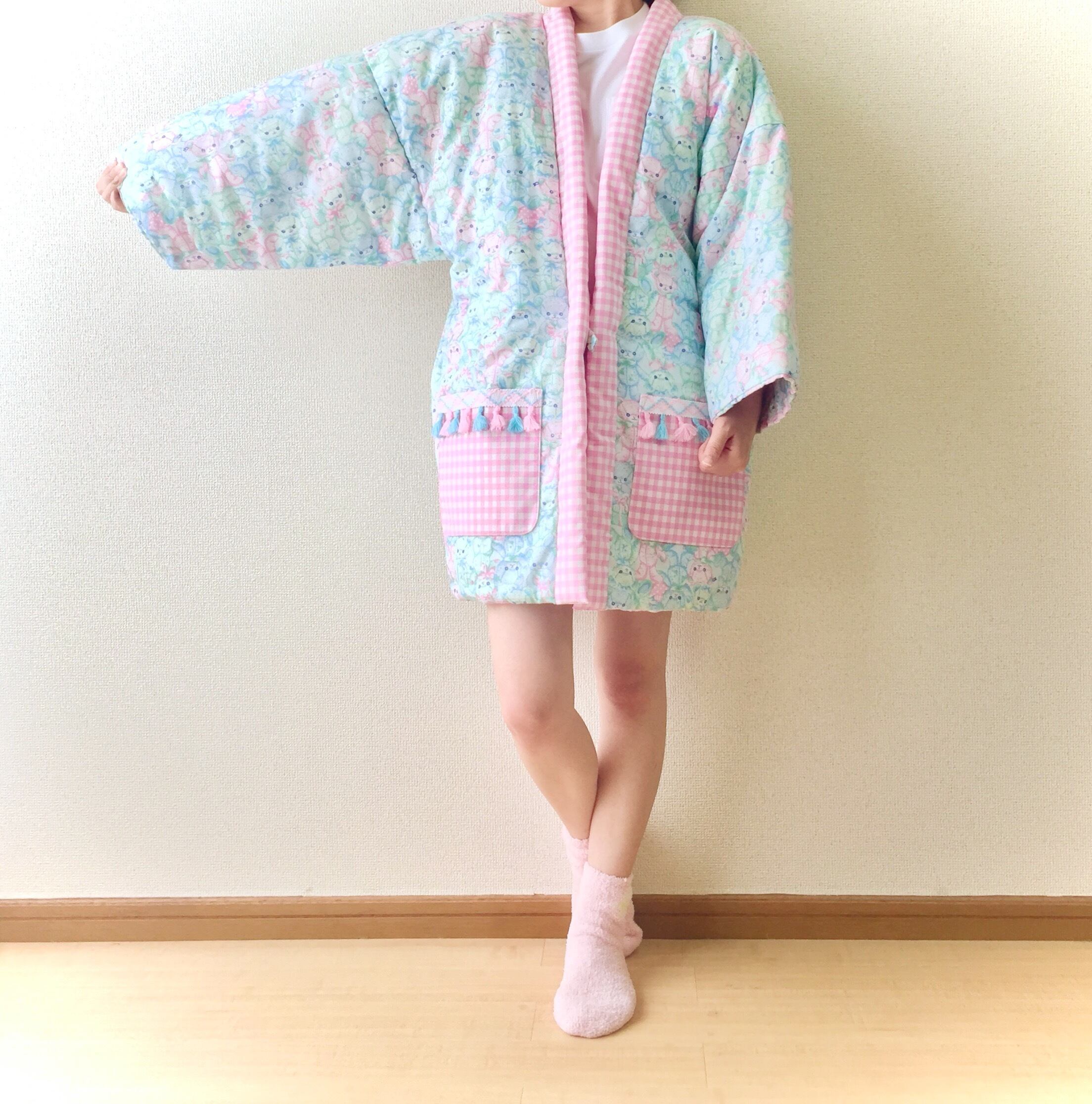 綿入れ半纏(わたいれはんてん) くま柄✖️ピンクチェック レトロ