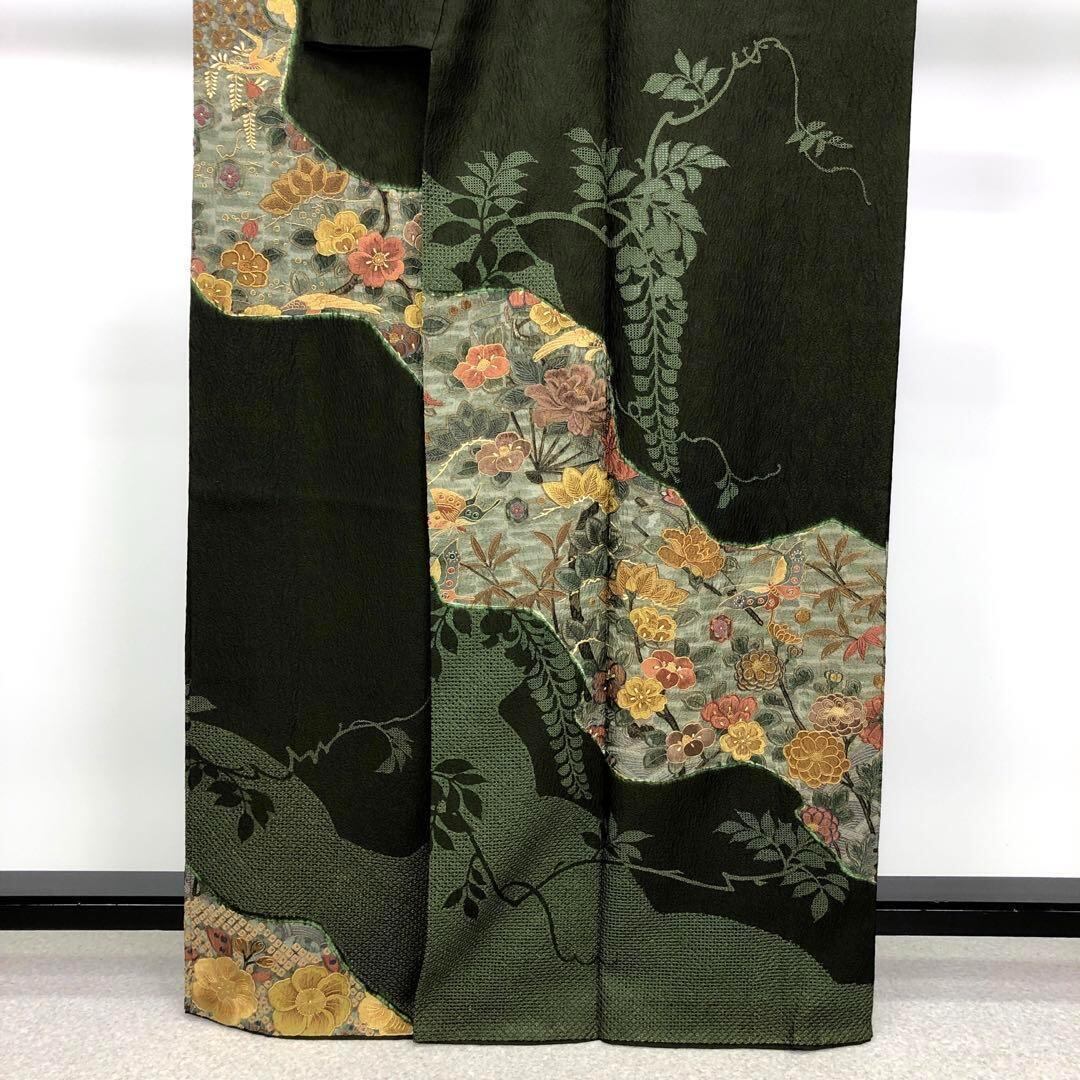 訪問着 総刺繍 蝶に美しい花々 さが美 ガード加工 黒橡色 K-2921 