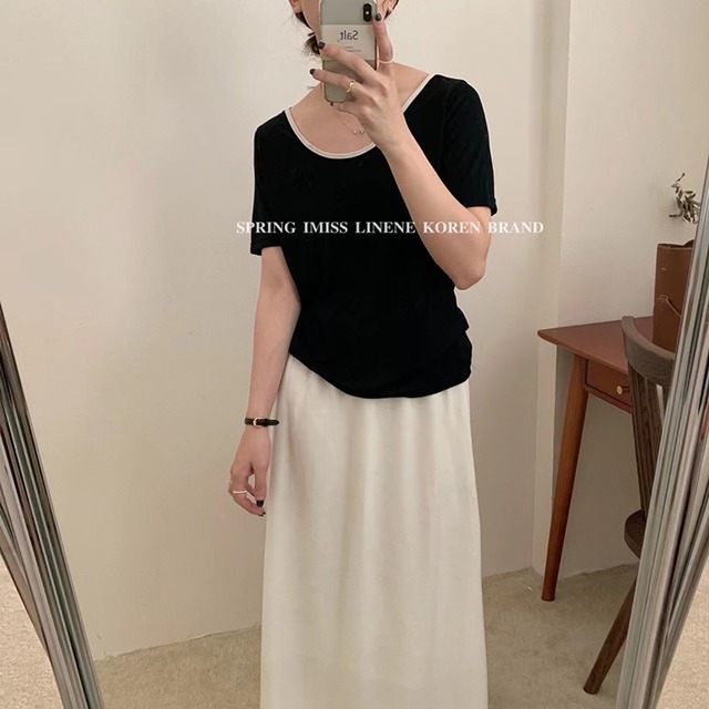 ブラックサイドカラーラウンドネックTシャツ サマー薄手カジュアルルーズ 夏物 Oネック ビッグFスモールZ韓国93726879032