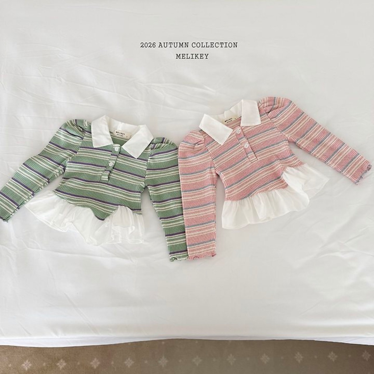 韓国子供服 / 26Autumn / 〖取寄〗Melikey / 斜めフリルカラーTシャツ / 女子服 *XS~JM*