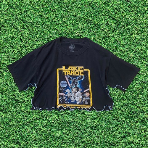 チビ丈ブルーmellowリメイクプリントTシャツ ブラック