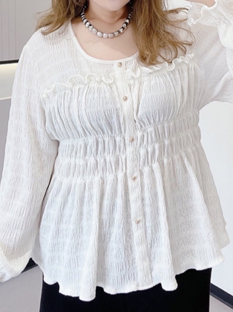 エレガントなフリルが魅力!シャーリングブラウス 大人可愛い リルデザイン 長袖 エレガントカジュアル 大きいサイズ 韓国 CH9981