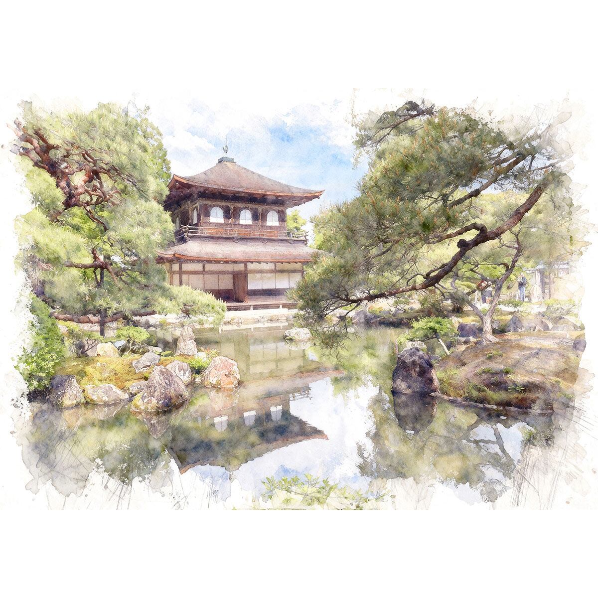 絵画 風景画(街並み) 日本 京都府 銀閣寺 インテリアアート額付き 水彩画・油絵風 WAT1551