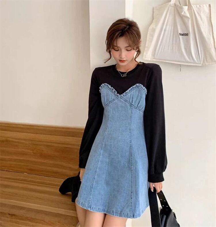 デザインセンス ラウンドネック トレンド デニム ワンピース レトロ 大人気 長袖 スリム 上品映え