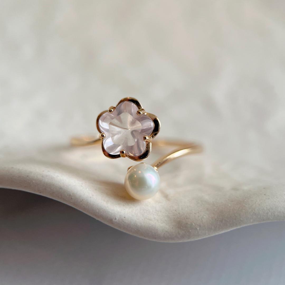 さくらモチーフ　天然パール＆ローズクォーツリング　フリーサイズ