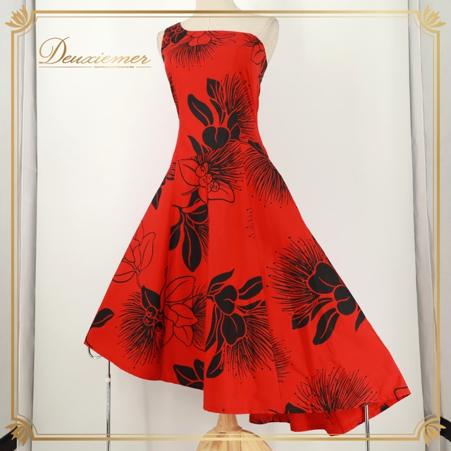 フラダンス 衣装 ALOHA STANDARDS アロハスタンダード ワンピース ドレス レッド系 花柄 植物柄 ハワイアンプリント ハワイアン アロハ フラ ダンス レッスン 練習 ハワイアンダンス ワンショルダー アシンメトリー 赤 黒 ブラック系 華やか 鮮やか かわいい おしゃれ 上品 大人っぽい