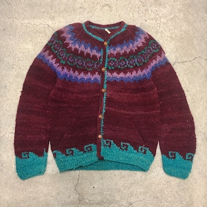 Ecuador Knit/Wool Cardigan/L相当/エクアドルニットカーディガン/ネイティブ柄/ボルドー/バーガンディー