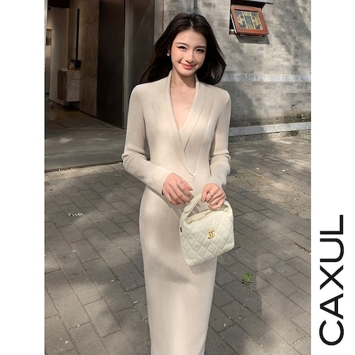 Shawl Collar I-Line Knit Dress/2color