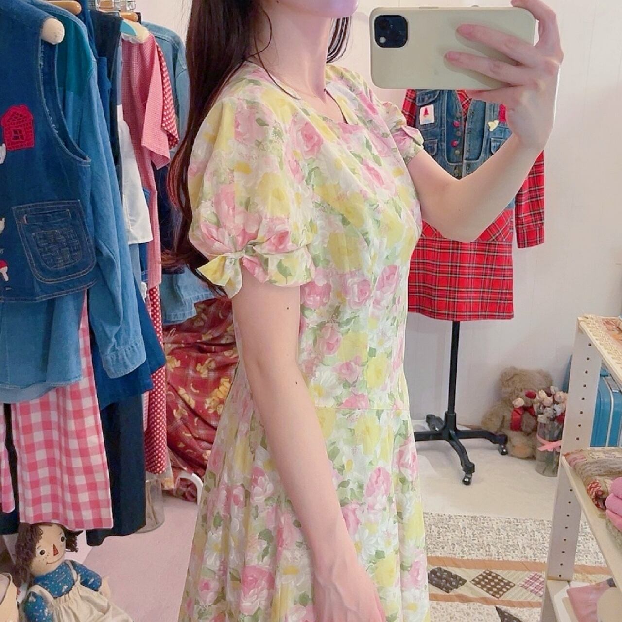 yellow pink flower ribbon sleeve one-piece
