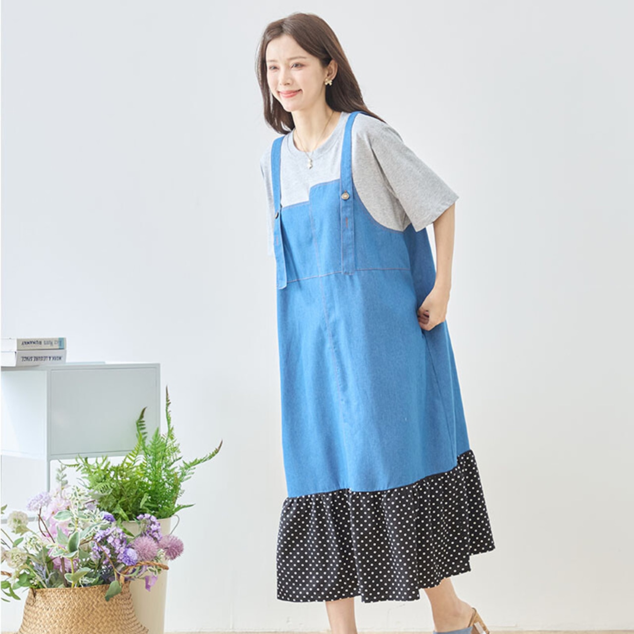 TRUBE デニム×ドット裾異素材切替サロペット風ドッキングワンピース【M~L】グレー