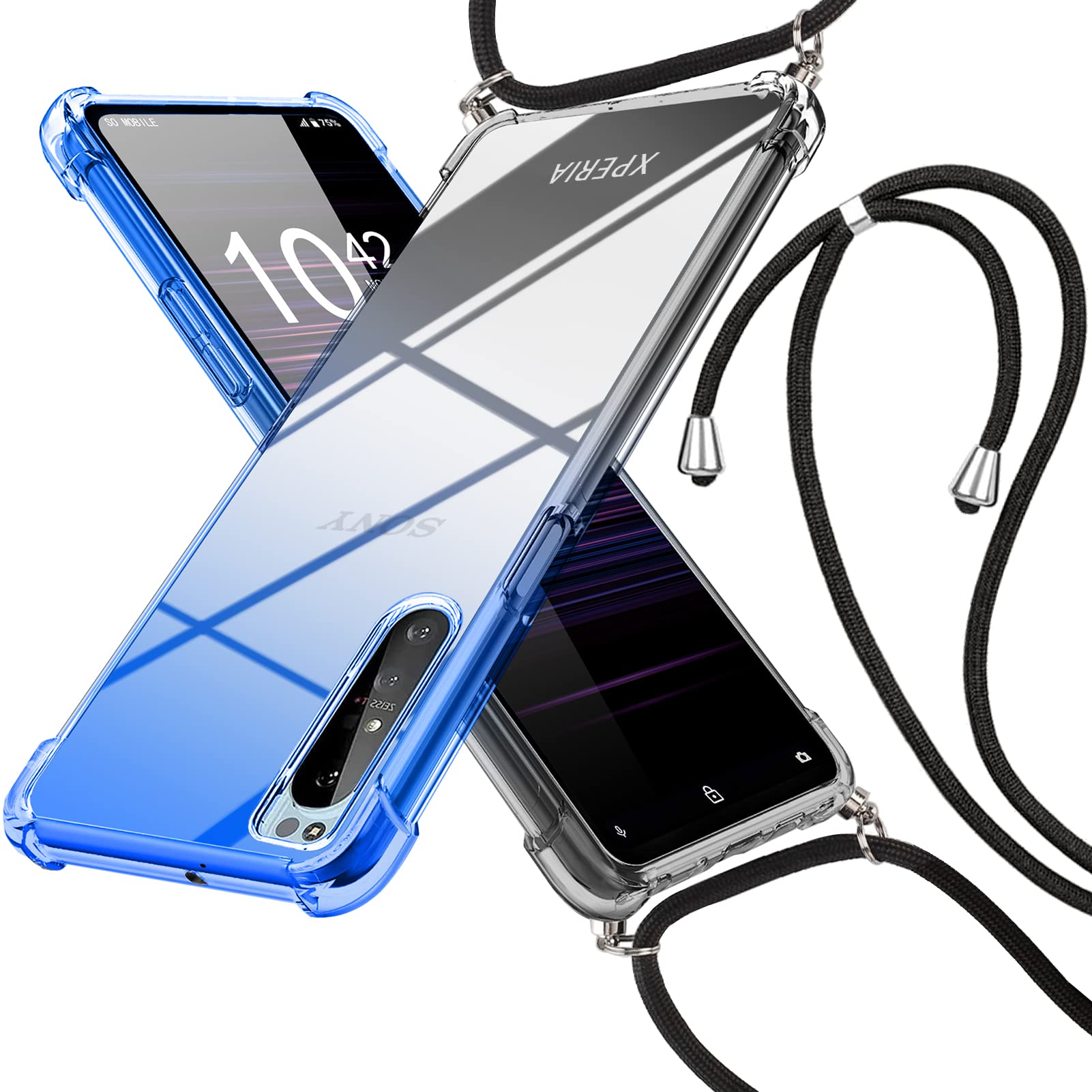 YDIHIHO 対応 Xperia 1 II 用のケース クリア SO-51A SOG01 用の 肩掛け 斜めかけカバー 薄型 グラデーション色 ショルダー tpu 耐衝撃 透明 長さ調整可能 縄掛けケース おしゃれ 黄変防止防塵一体型 人気 対応 エクスペリア 1 II 用の携帯カバー ブルー/ブラック MDY-SXDS-01-03