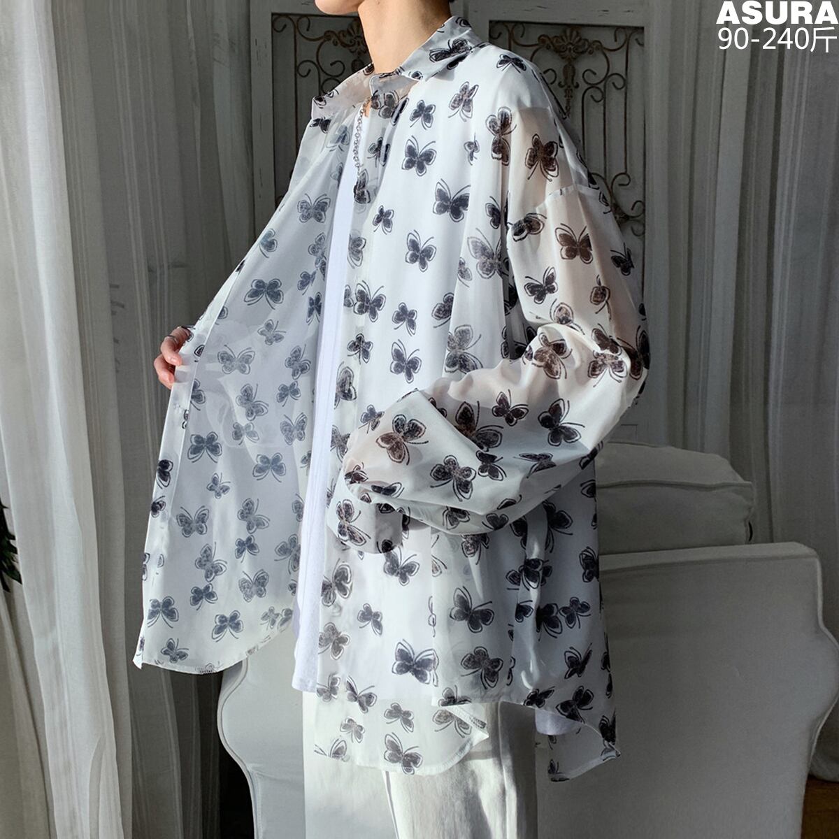 Butterflyデザイン Flowerデザイン シャツ ルーズジャケット サマー ロング 大きめサイズ 夏物 フラワーデザイン ASURAプラスサイズメンズ24980465433