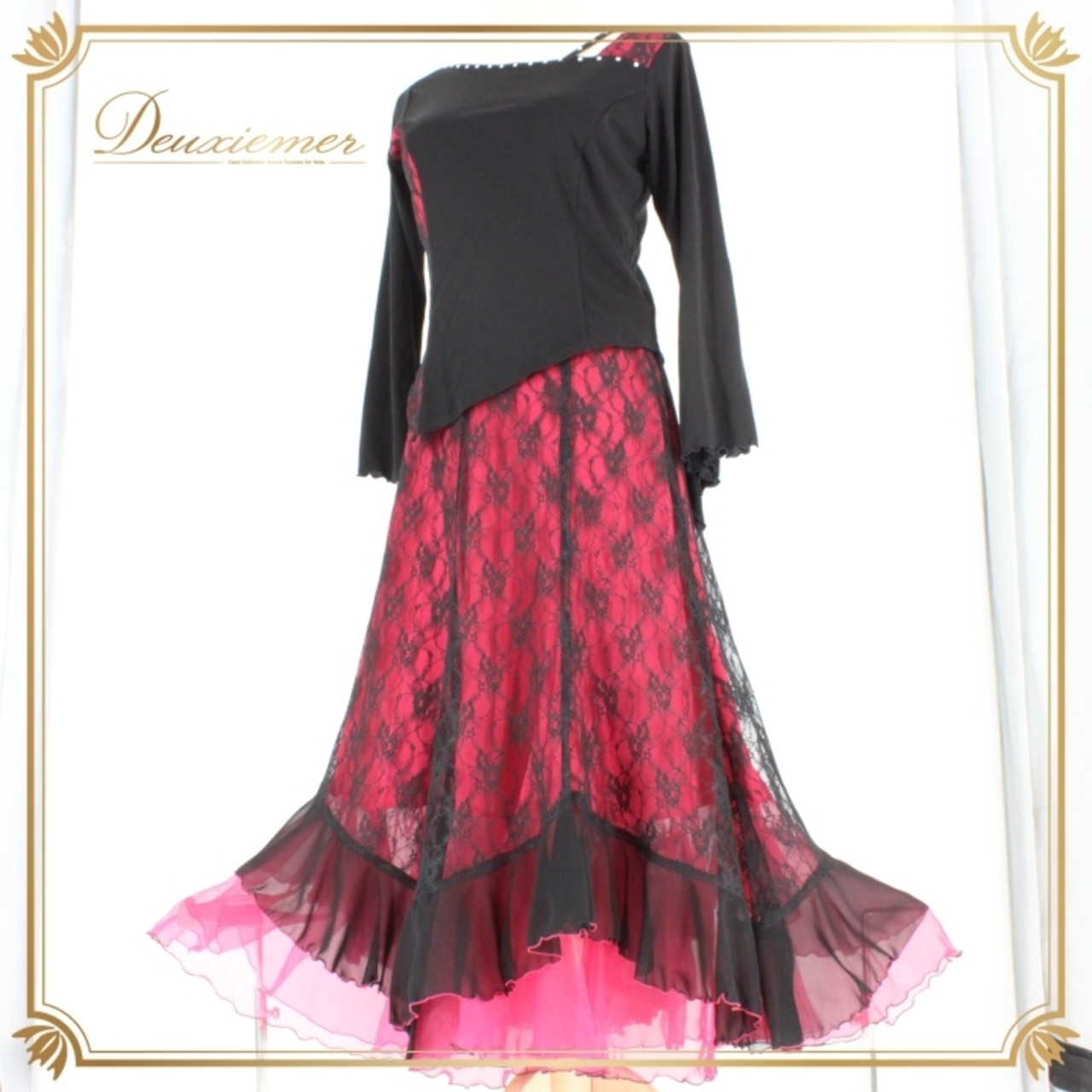 社交ダンス 衣装 スタンダード 上下セット ツーピース レッスンウェア パーティ衣装 PAPILLON パピヨン 黒 ブラック系 レース 花柄 長袖 ビビッドピンク ポリエステル セットアップ ラインストーン ファスナー仕様 M L 伸縮性 レディース 演出服 ダンスウェア コスチューム 衣装セット かわいい おしゃれ 目立つ 踊りやすい