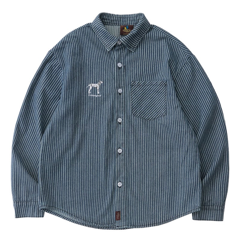 ワンポイントドッグデザインストライプ長袖シャツ 00056