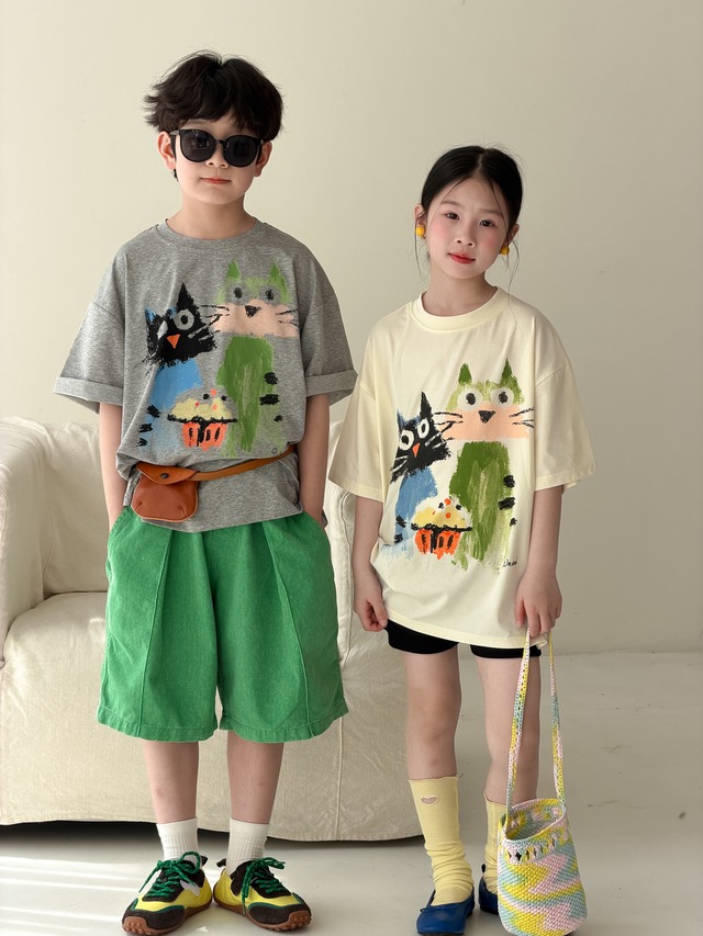 【KID】アートキャットファミリープリント半袖Tシャツ - 15