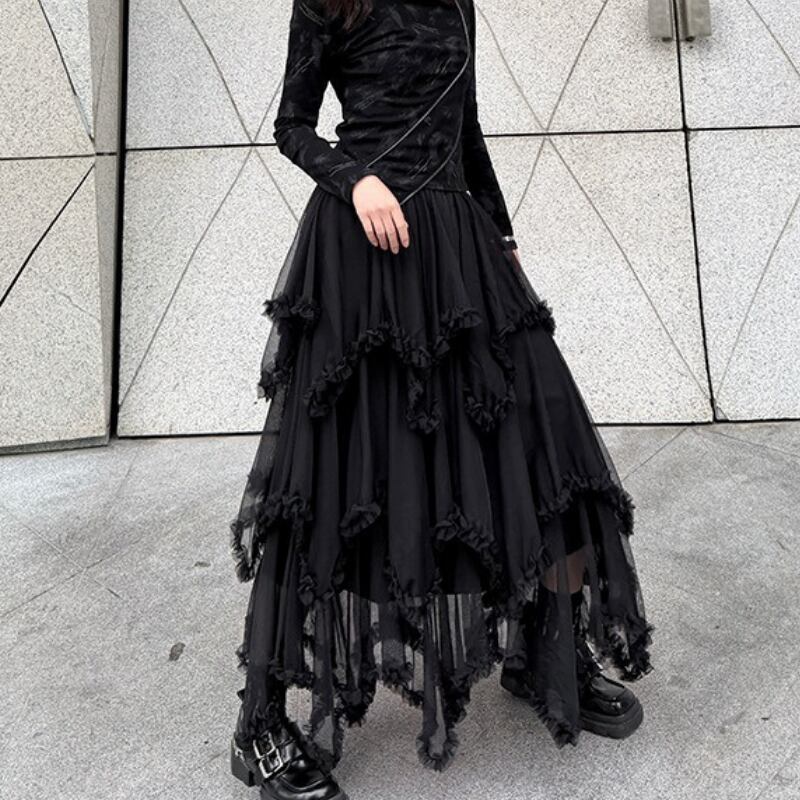 フリル アシンメトリー ミモレ丈 チュールスカート 1color SK0346