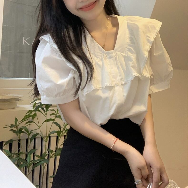 トップス レディース シャツ ブラウス ネルシャツ フリル Vネック ラージカラー ホワイト ワンサイズ レース ニュアンスカラー ビックカラー 半袖 襟付き かわいい 大人可愛い シンプル カジュアル 大人 おしゃれ お洒落 かっこいい レトロ ガーリー リラックス ナチュラル こなれ感 ラフ ゆったり ゆる 春 秋 冬 10代 20代 30代 通勤 OL 通学 ママ デート お出かけ 女子会 休日 旅行 着回し 普段使い 重ね着 韓国系 送料無料