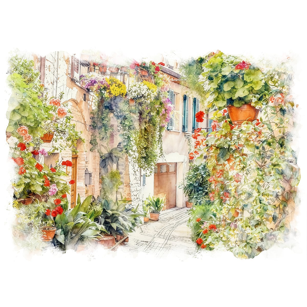 絵画 イタリア 風景画(街並み) スペッロ村花のある通り インテリアアート額付き 水彩画・油絵調 WAT0244