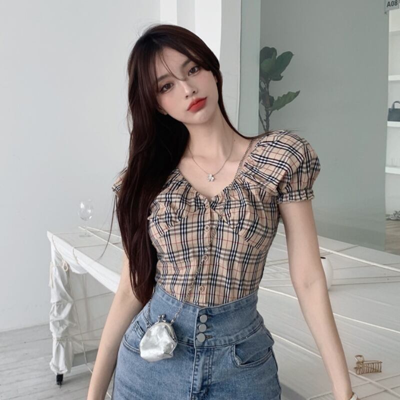 格子柄シャツ サマースタイルストラップレススリーブスリムクロップトップ トップス 夏物 ハンチェンe6282317992