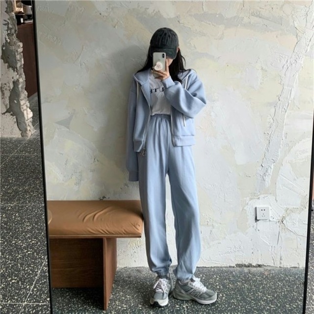 スウェット セットアップ レディース 韓国 ファッション レディース ジップ パーカー スウェットパンツ 上下セット ニュアンスカラー ブルー ブラック Vestito