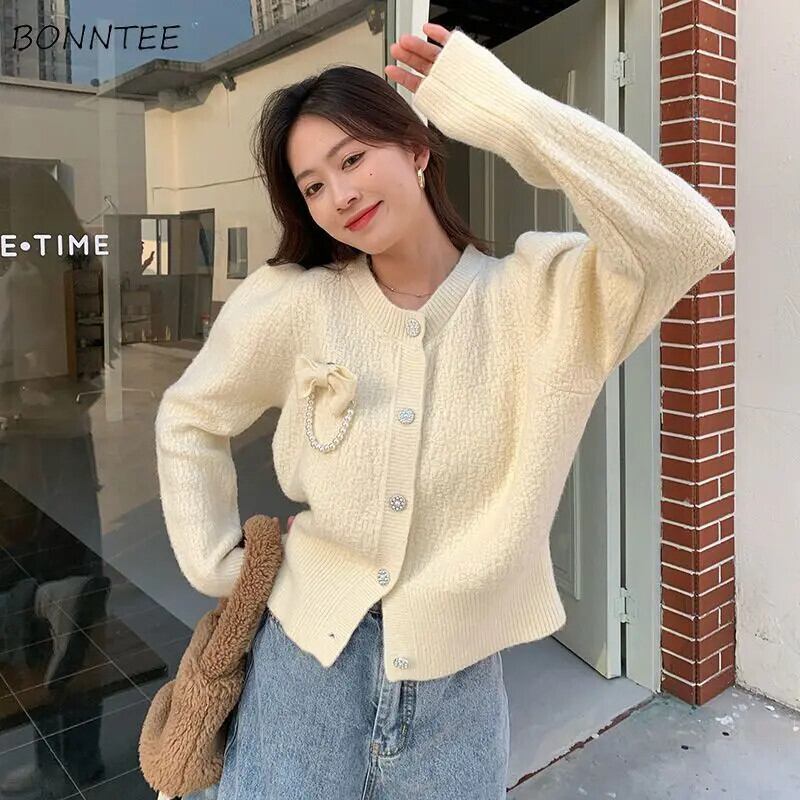 【新作】【送料無料】 カーディガン女性弓シックなデザイン固体 Feminino 人気のシンプルな素敵な学生 O ネックセーター居心地の良いオールマッチ春秋ニットウェア 0277076520164