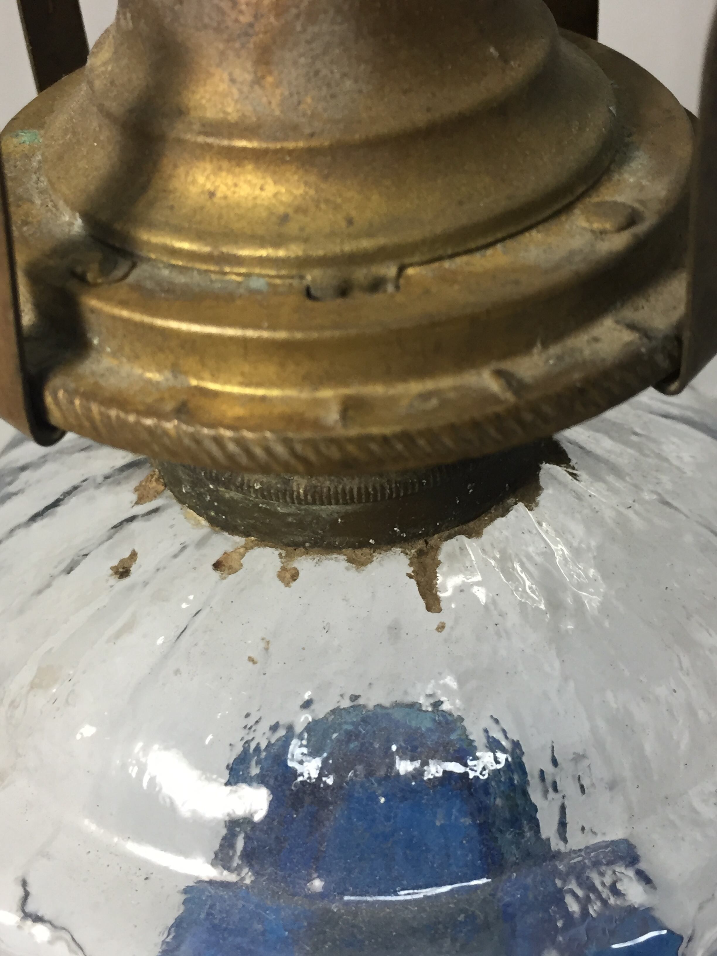 明治大正期 和ガラス アンティーク オイルランプ 青色ガラス 大