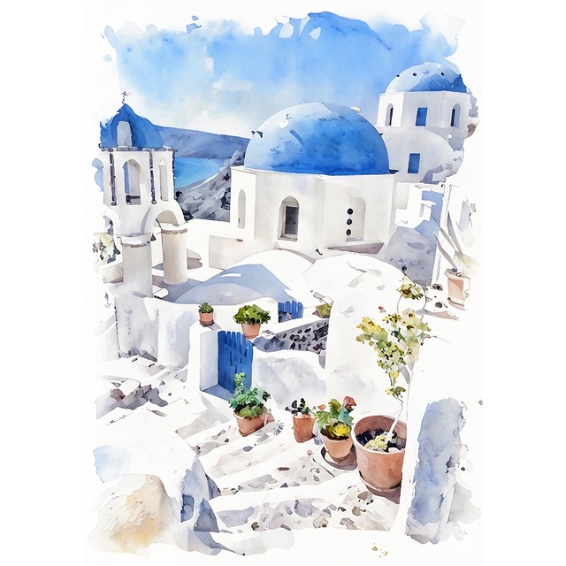 絵画 ギリシャ 風景画(街並み) サントリーニ島 インテリアアート額付き 水彩画・油絵調 WAT0289