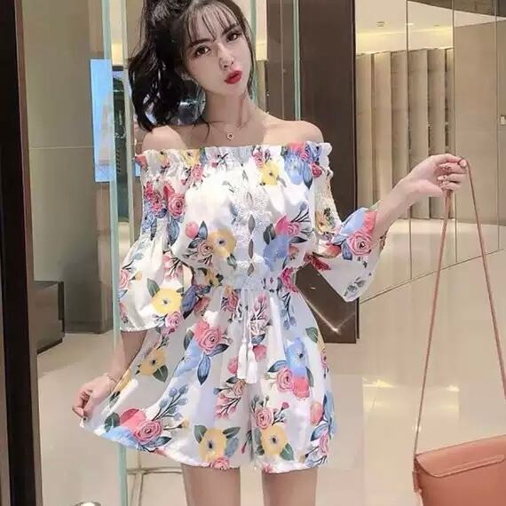 男女兼用 カジュアルウェア オールインワン ショートパンツ 花柄