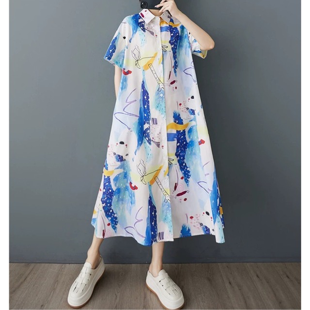 水彩Artの夏空キャンバスワンピース (kai1311)