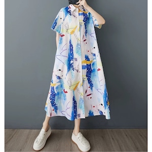 水彩Artの夏空キャンバスワンピース (kai1311)
