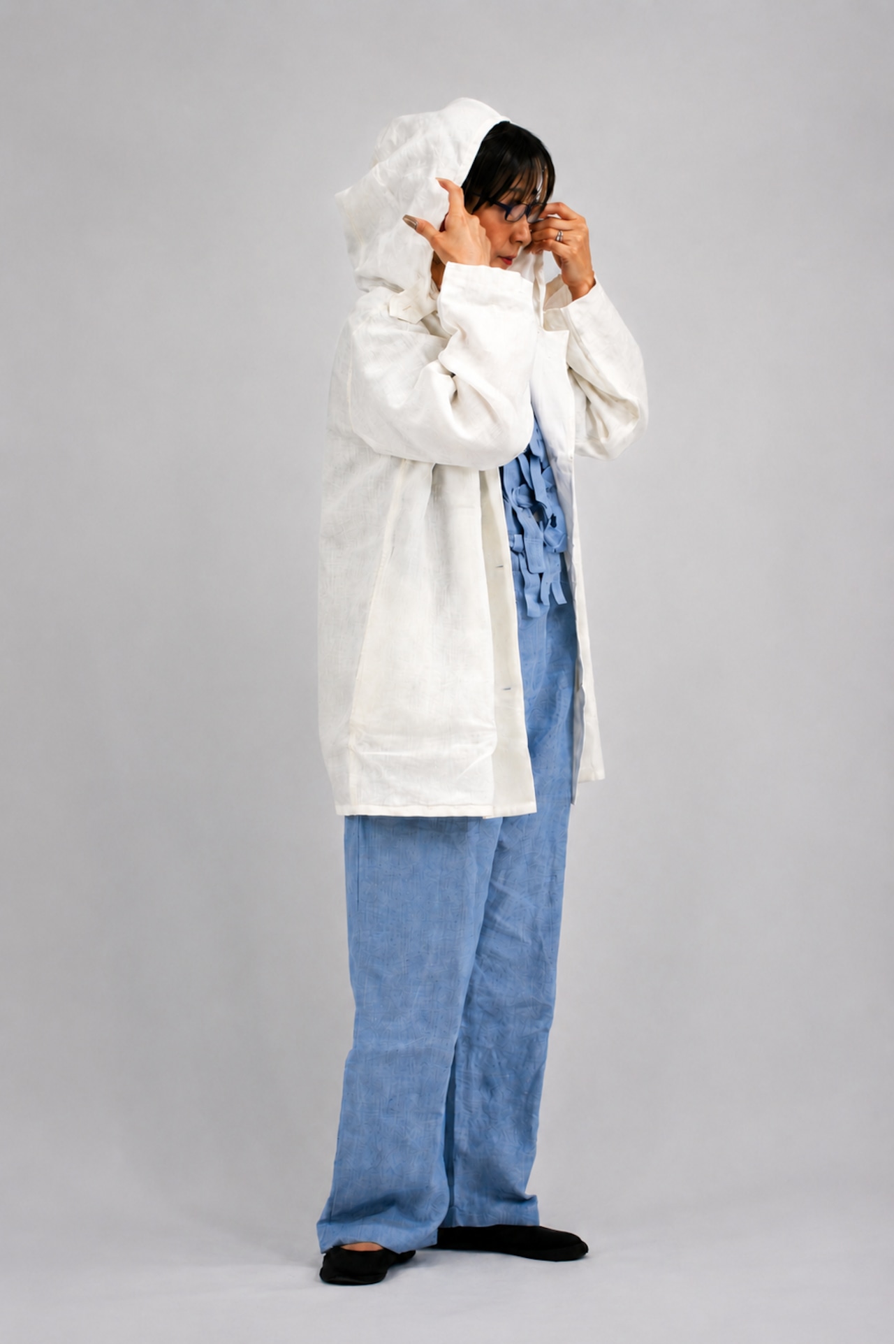 【BUNON】 Khadi Linen Ribbon Overalls 　Ecru / L.Blue / Charcoal