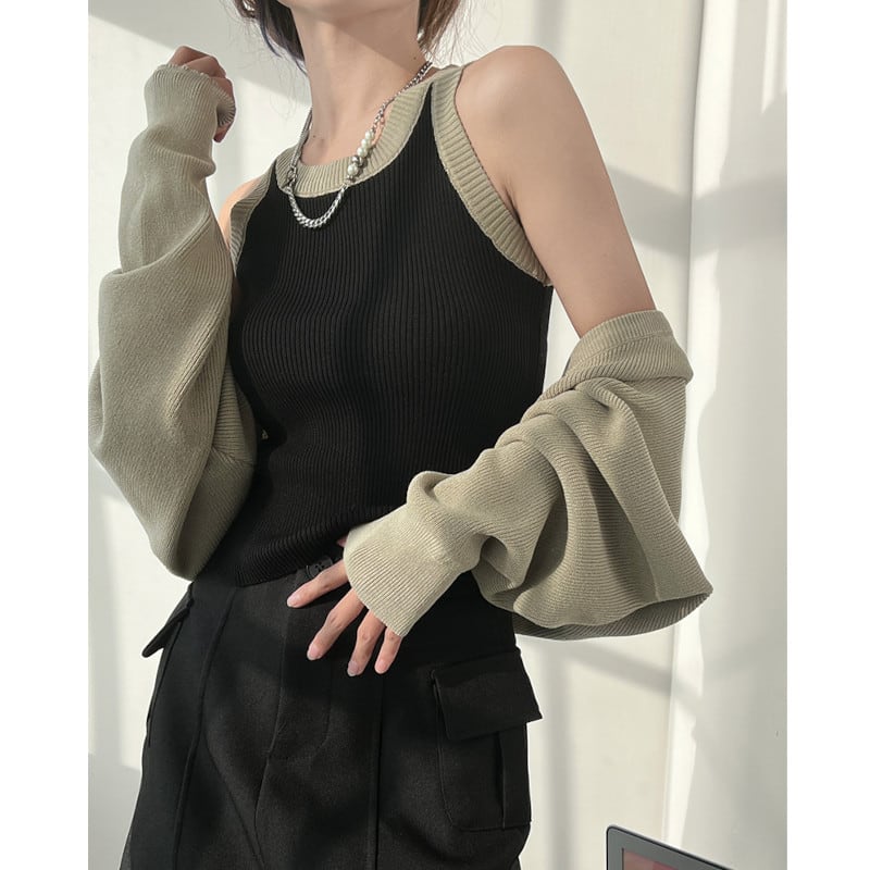 Two-tone tank top loose cardigan set la0456