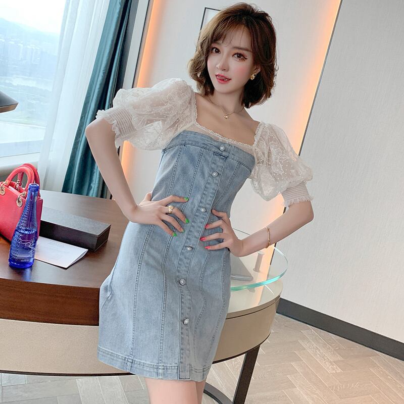 レーススリーブ薄手ドレス スプリングサマー レッド 刺繍 春物 夏物 スクウェア ステッチ MIUCO79851817351