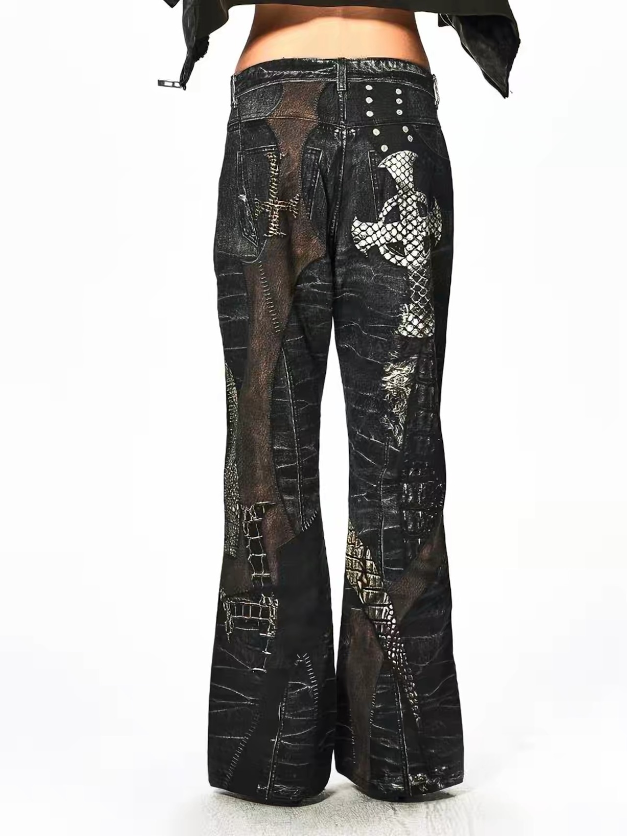 【DND4DES】Leather Cross Splicing Printed Jeans