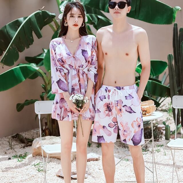 【予約販売】水着 カップル水着 2点セット ペアルック メンズ レディース 花柄 フラワー柄 ピンク ビキニ セパレート 海水パンツ 海パン ペア水着 恋人 おそろい お揃い M/L/XL/2XL