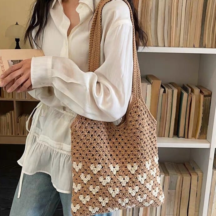 ハンドメイド風 ハートモチーフ トートバッグ L1158