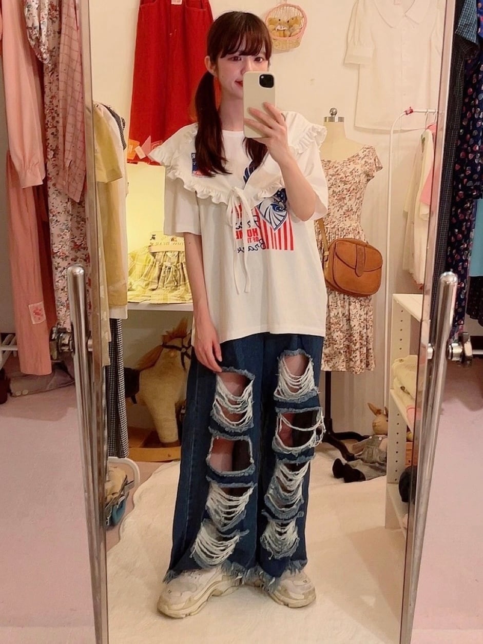 remake : frill open collar white big T-shirt / 01