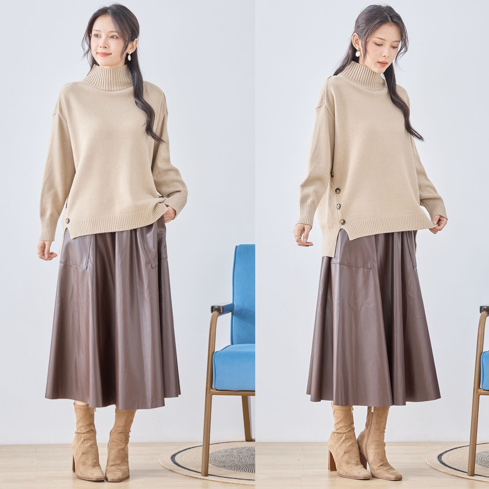 【M〜L】サイドボタンタートルネックニットプルオーバー(C31-1485B)