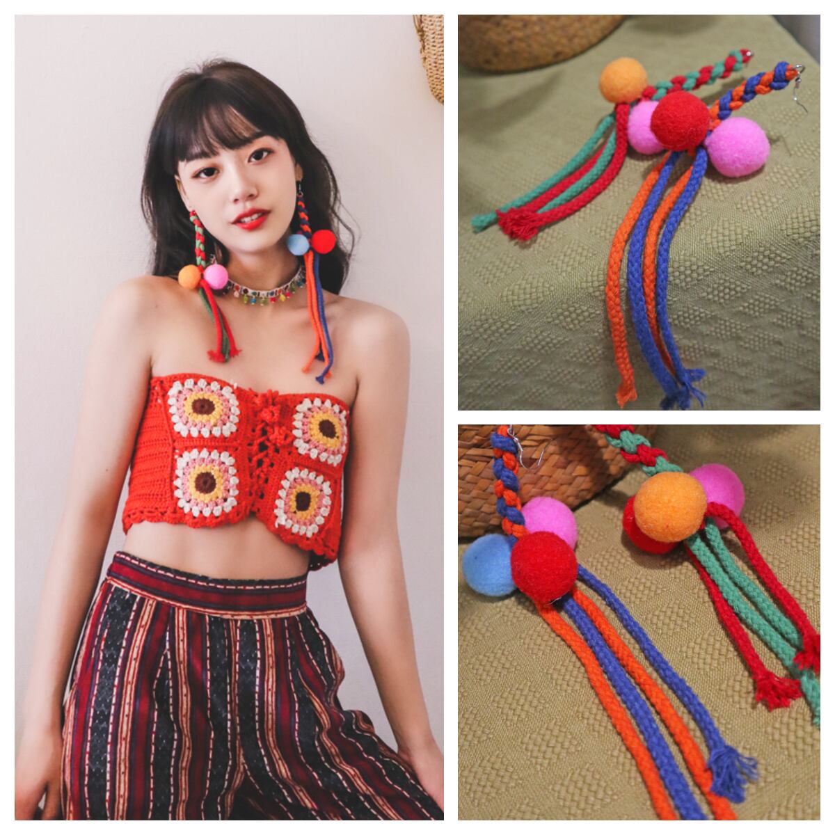 ボヘミアンスタンダードエスニックスタイルウールカラーロングイヤリング レトロ 指輪 延命家ファッション37572437380